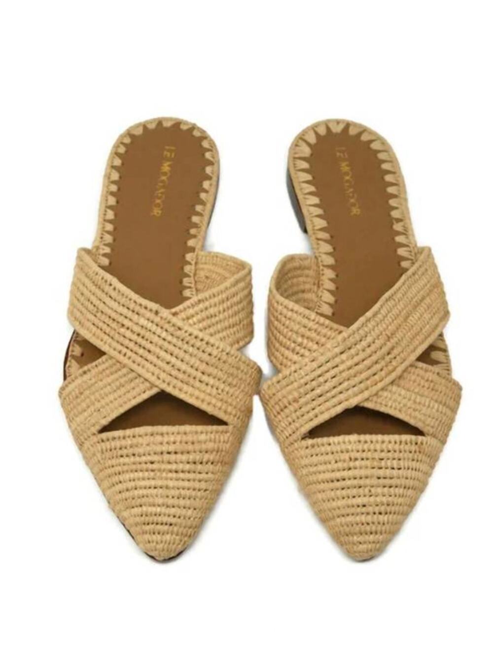 Le Mogador Azoulay Mules in Nude Tan Raffia 38 Pointed Toe Cut Out Flat